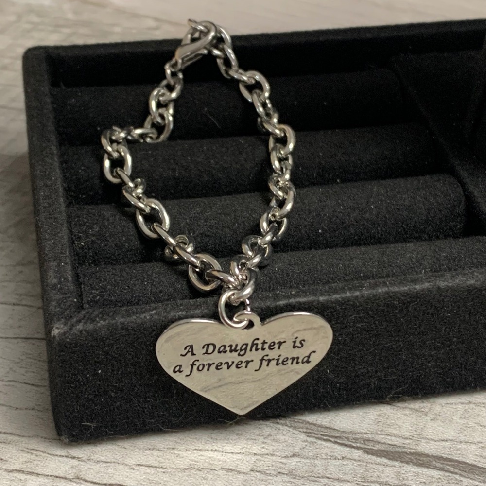 Silver Tone Heart Charm Bracelet A Daughter is a Forever Friend Engraved 6.25in